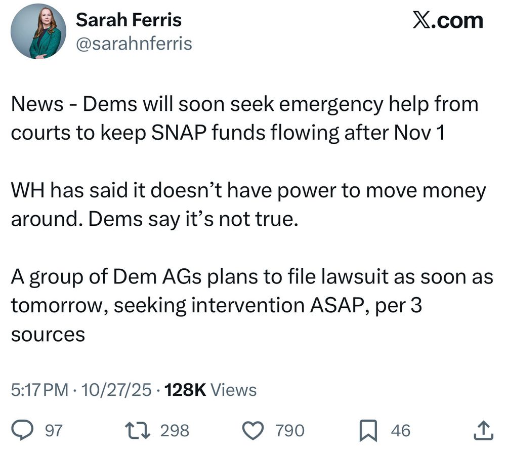 Sarah Ferris
@sarahnferris
X.com
News - Dems will soon seek emergency help from courts to keep SNAP funds flowing after Nov 1
WH has said it doesn't have power to move money around. Dems say it's not true.
A group of Dem AGs plans to file lawsuit as soon as tomorrow, seeking intervention ASAP, per 3 sources
5:17 PM • 10/27/25 • 128K Views
@ 97.
17 298 0 790 46