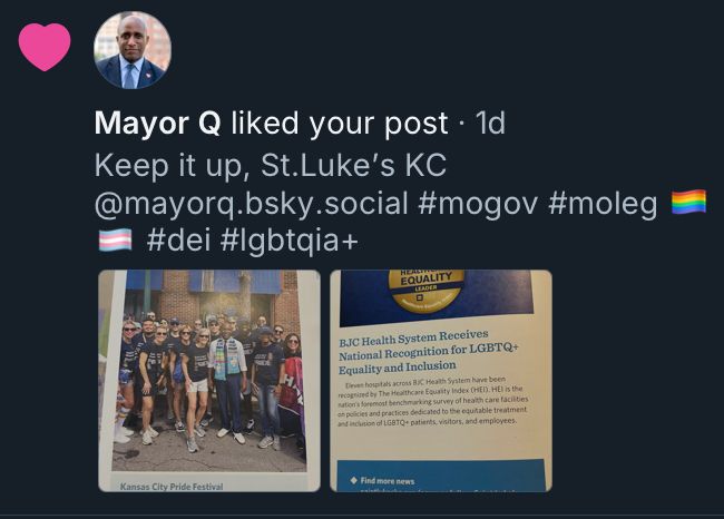 
Keep it up, St. Luke's KC (they have been awarded for their excellent treatment of those in the LGBTQIA community)
@mayorq.bsky.social #mogov #moleg
#dei #Igbtqia+
EQUALITY