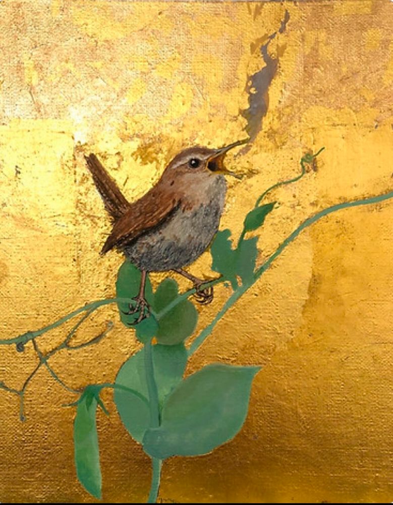 A wren sings in the cold morning air her song a little white vapour against a gold background 