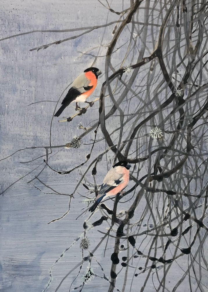 Two bullfinches in an apple tree 