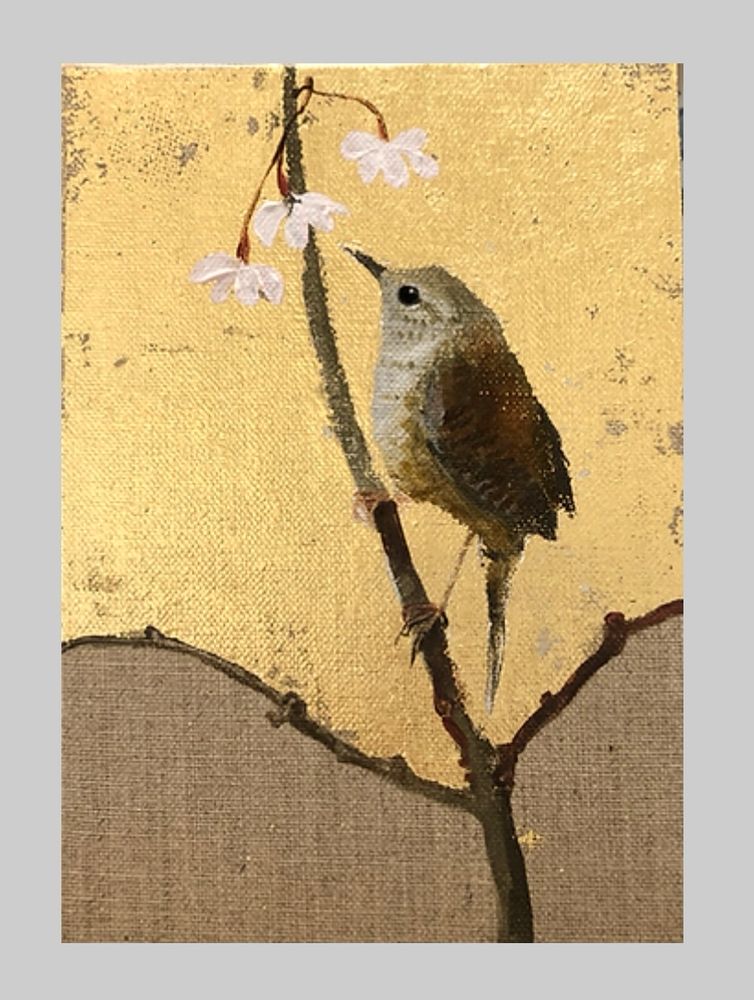 A little brown bird clutches a twig . From the top of the twig three blossoms droop towards it. Behind the bird is gold leaf 