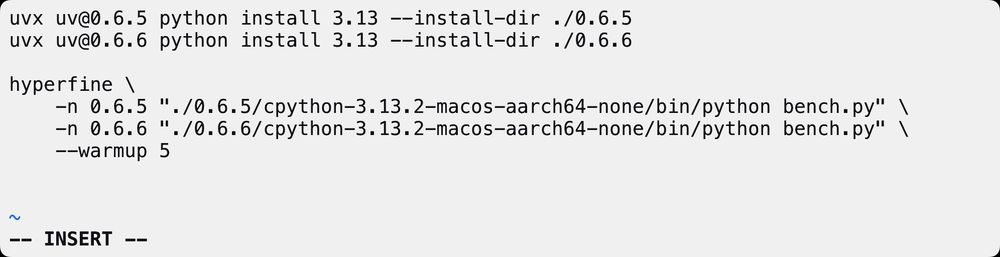 Using `uvx uv@<version>` and hyperfine to compare uv versions
