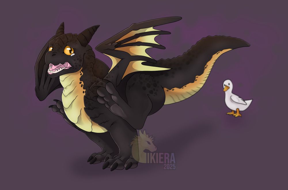 Small black dragon who is running away from a small duck. Blurred version