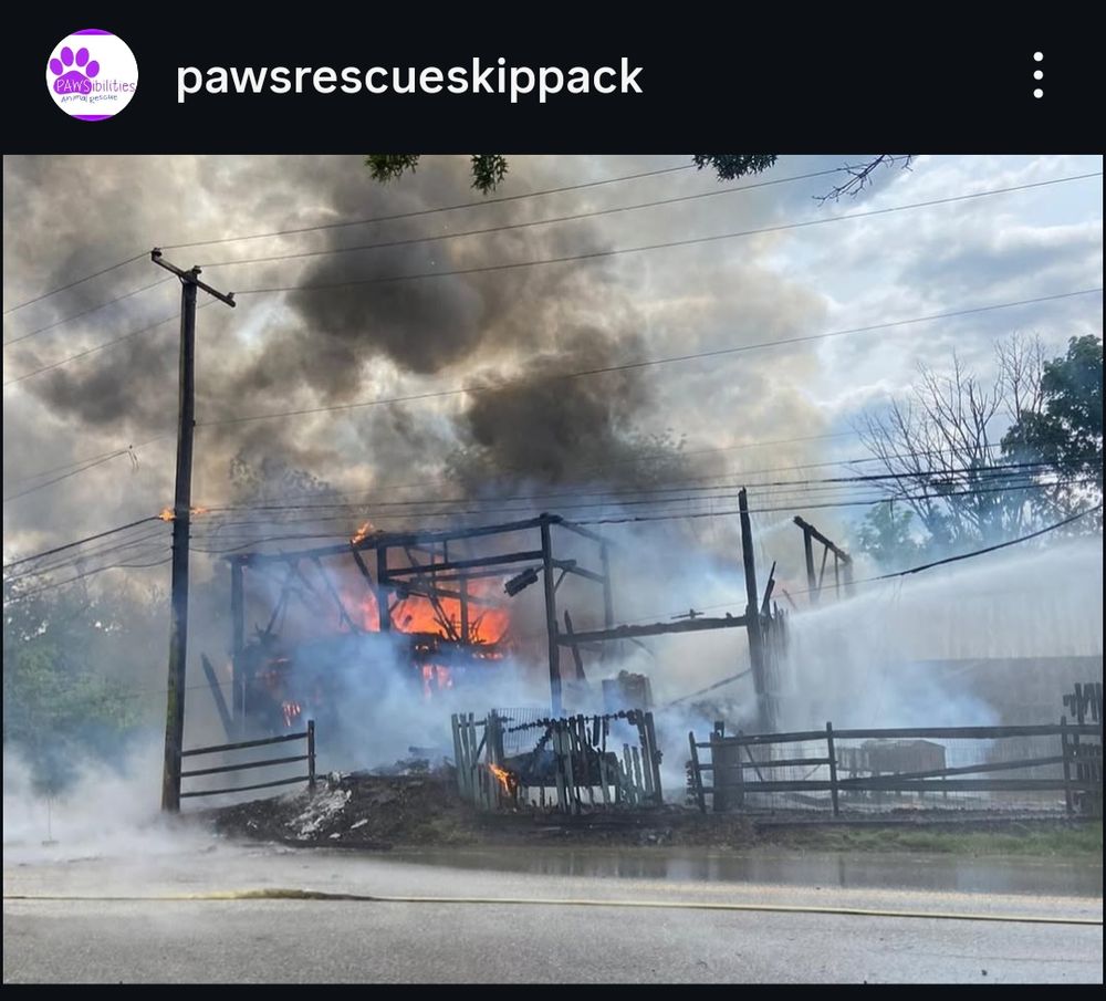 Image from the same Instagram post as the previous two screenshots, this one showing the barn in the late process of burning down.