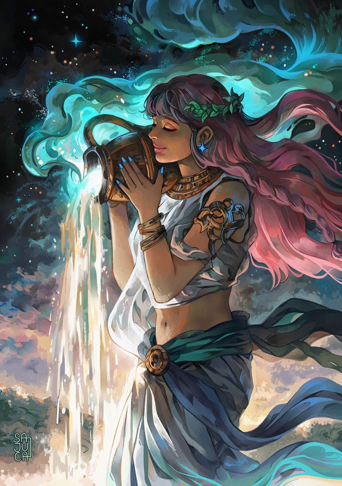 Painting of Aquarius depicted by my OC Mia with pink hair, holding a water jug 
