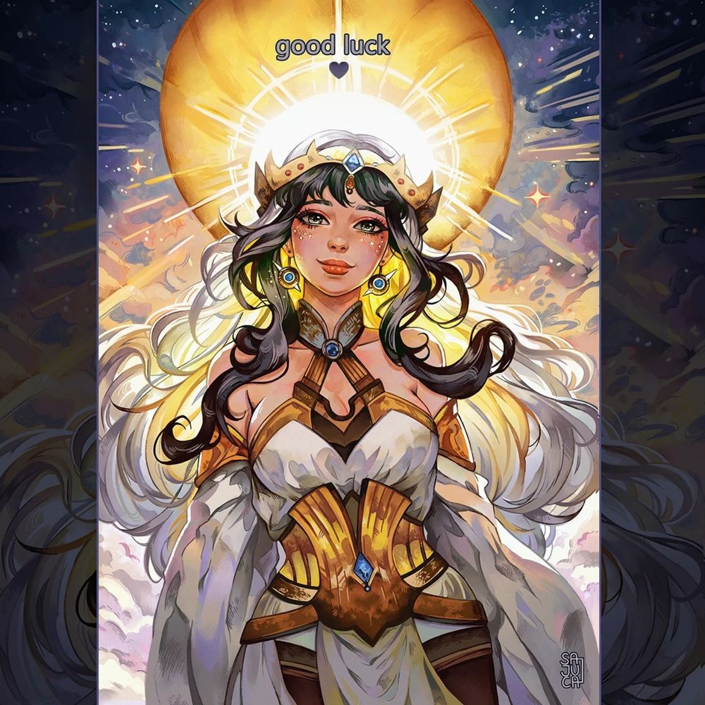 Half body of my character with a crown and a sun in the background. 