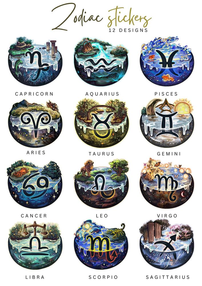 Bowl-shaped sticker designs for the 12 Zodiac signs, featuring their symbols 