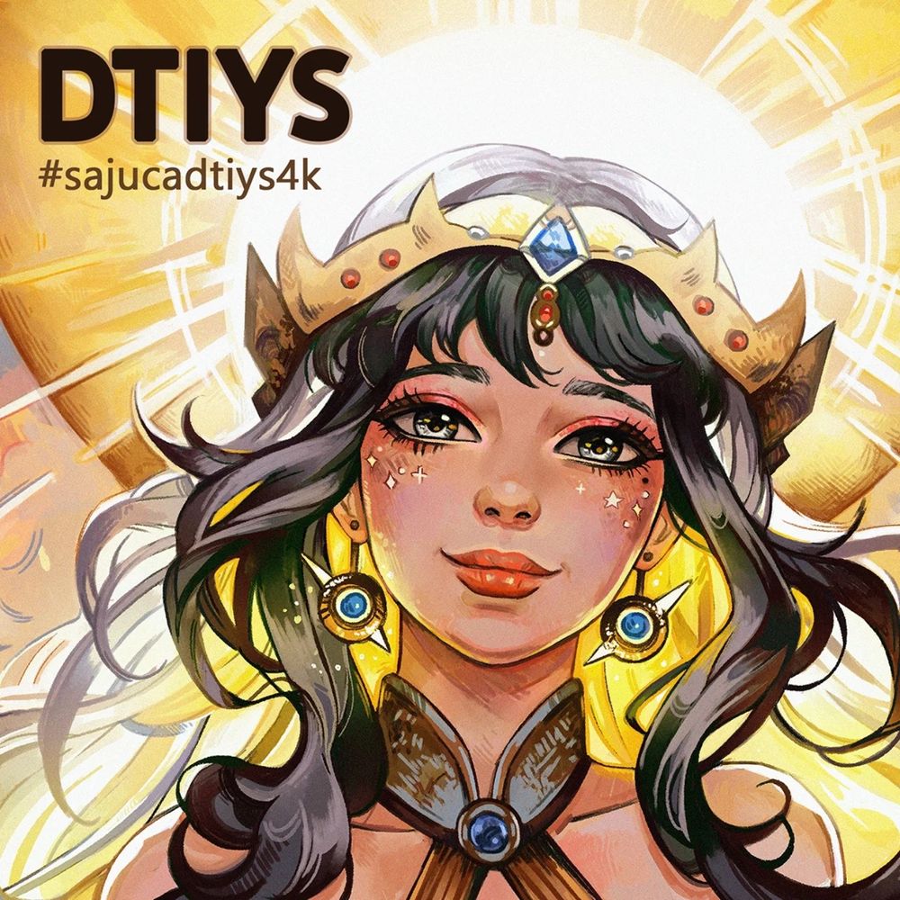 Portrait of my character with a crown and a sun in the background. 