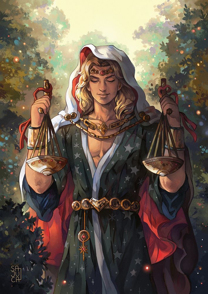 Painting depicting my blonde OC Herakles as Libra 