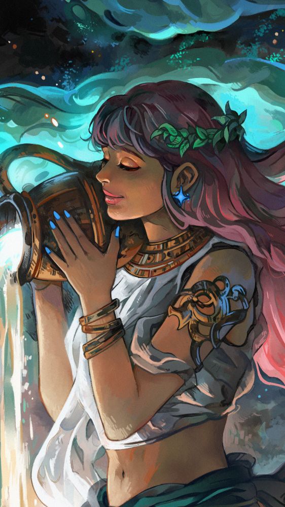 Painting of a woman with pink long hair holding a water jug, eyes closed