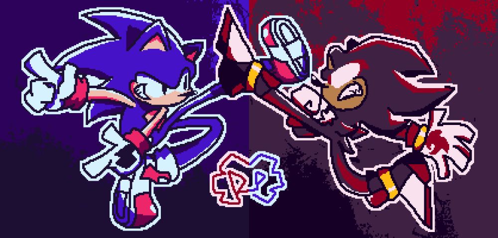 Sonic and Shadow locking kicks on a funky backgrounds.