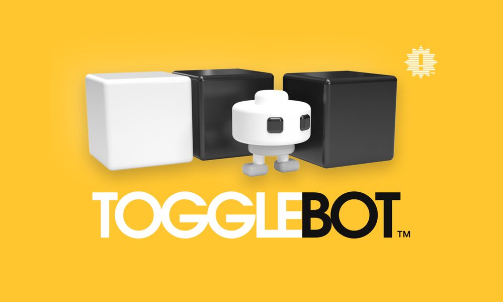 ToggleBot key art with a little white robot in front of black and white cubes.