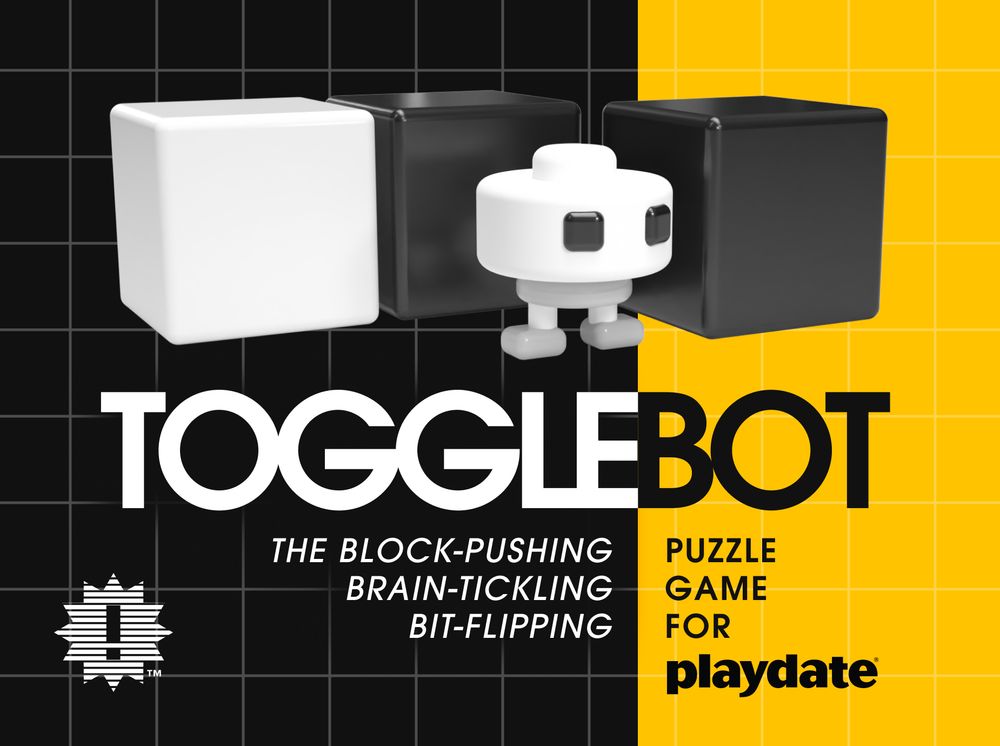 togglebot, standing by some blocks, with text below. TOGGLEBOT: the block-pushing, brain-tickling, bit-flipping puzzle game for playdate