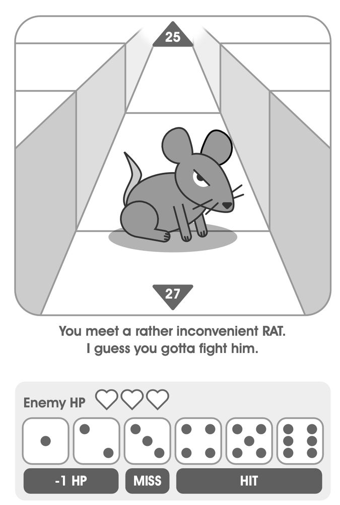 a paper dungeon crawling game with a large rat. it reads ""You meet a rather inconvenient RAT. I guess you gotta fight him.