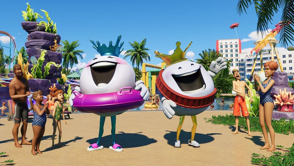an in-game photo of planet coaster 2. featuring the mascots queen splash and king coaster