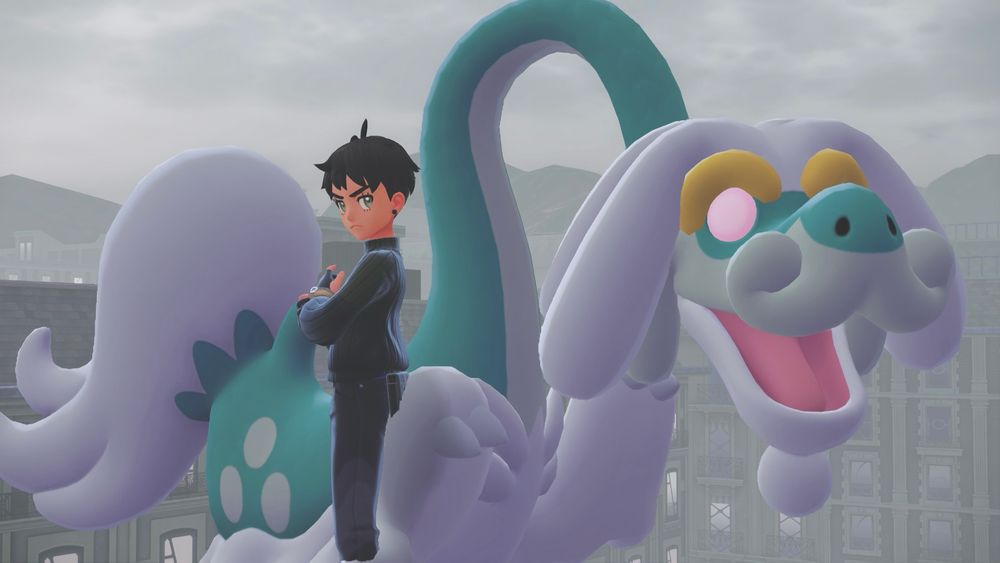 photo of my legends z-a character posing with my alpha Drampa, named Kalessin