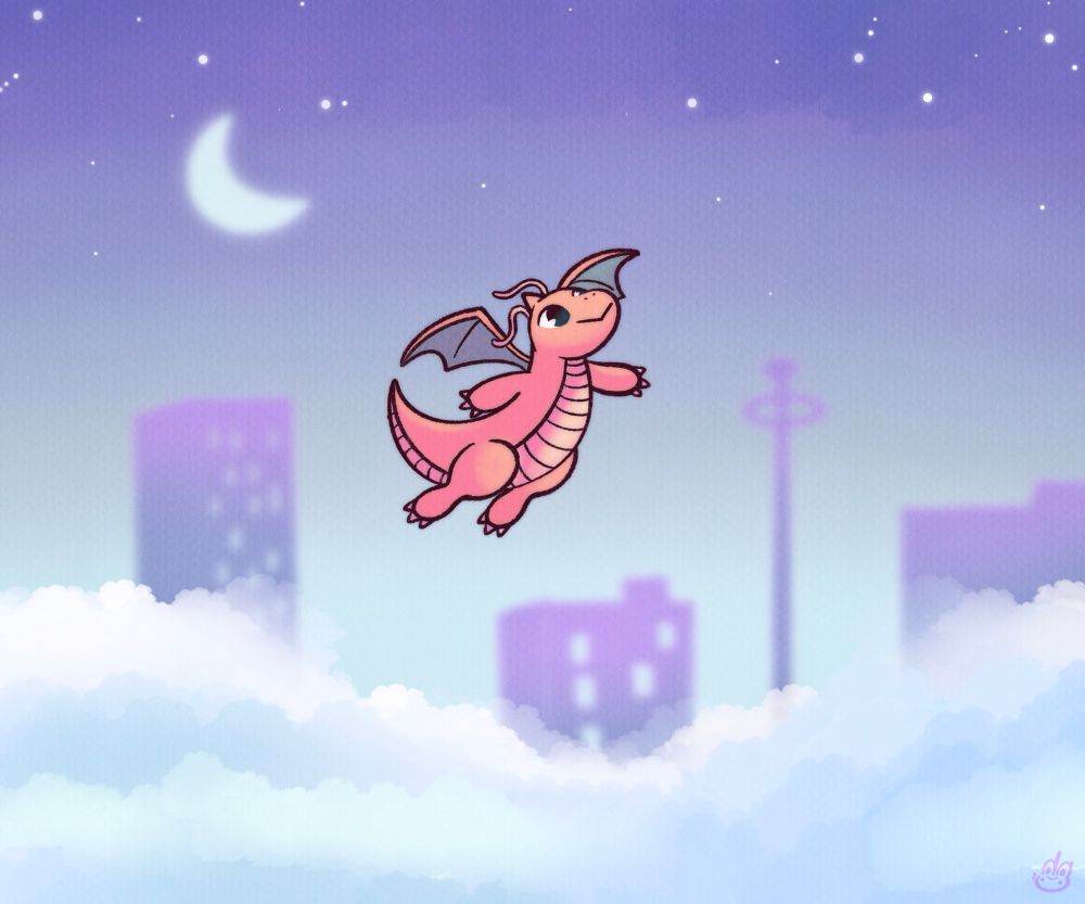 digital illustration of dragonite soaring above a city skyline at dusk