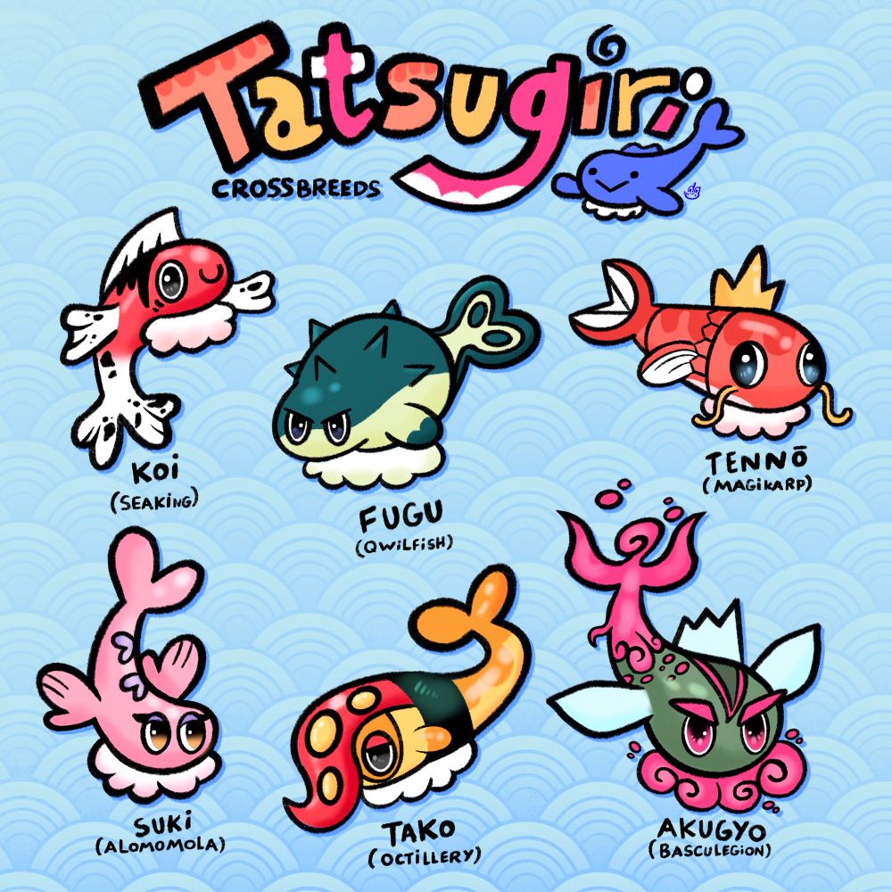 a digital drawing showing the pokémon tatsugiri if it was crossbred with the pokemon Seaking, Qwilfish, Magikarp, Alomomola, Octillery, and Basculegion