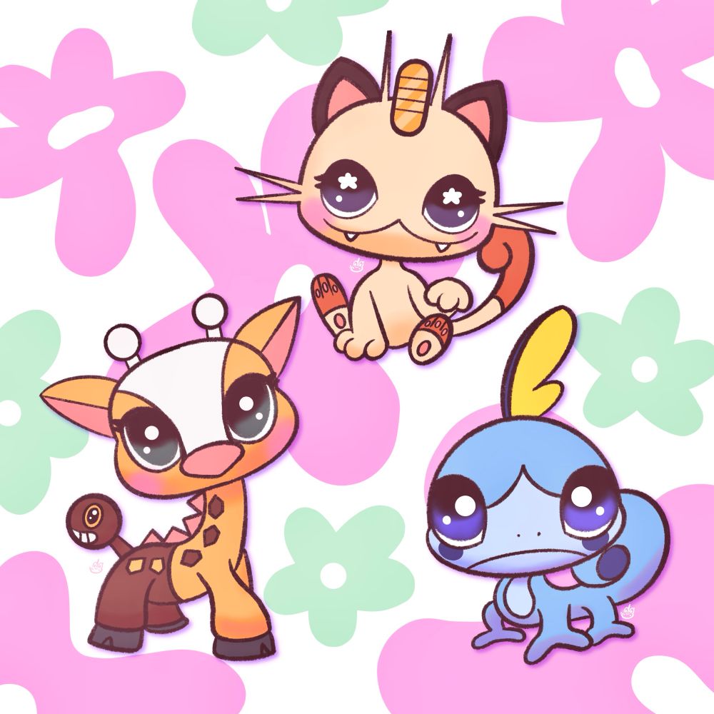 a digital illustration of three pokemon drawn in the style of littlest pet shop. Meowth is a cat LPS, Girafarig is a giraffe LPS, and Sobble is an iguana LPS. They are in front of a white background adorned with groovy pink and green flower shapes.