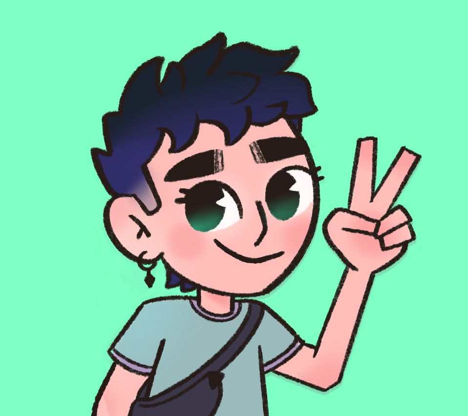 my normal profile photo, a drawing of myself doing a peace sign smiling happily on a mint green background