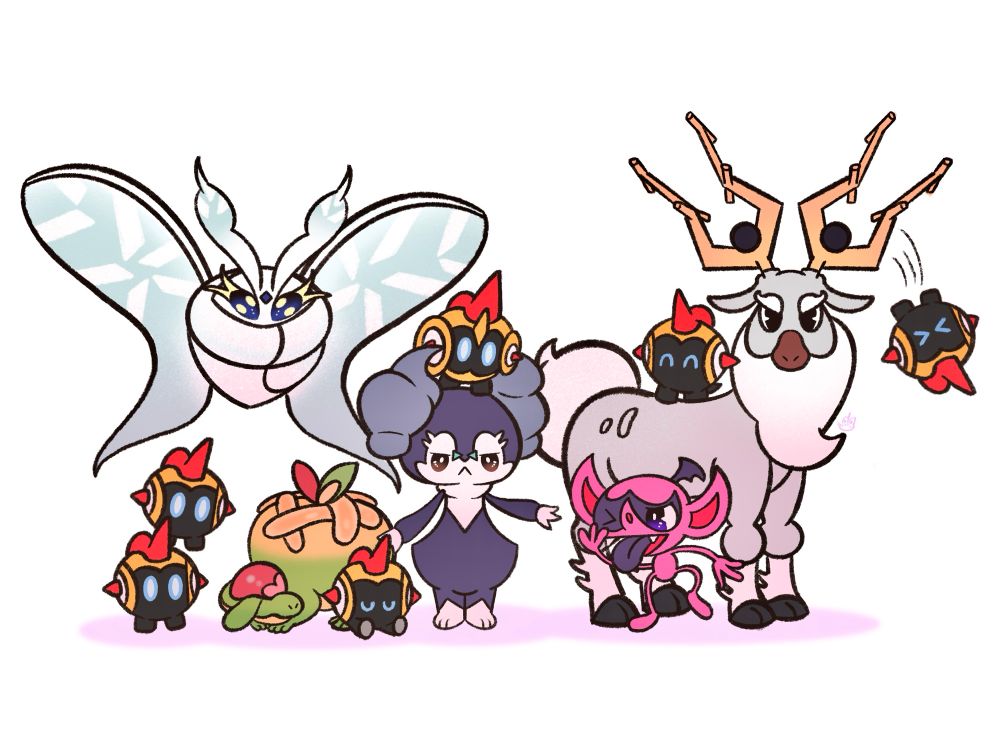 a digital illustration of my favorite Pokémon from generation 8, they are: Falinks, Frosmoth, Appletun, Indeedee, Impidimp, and Wyrdeer 
