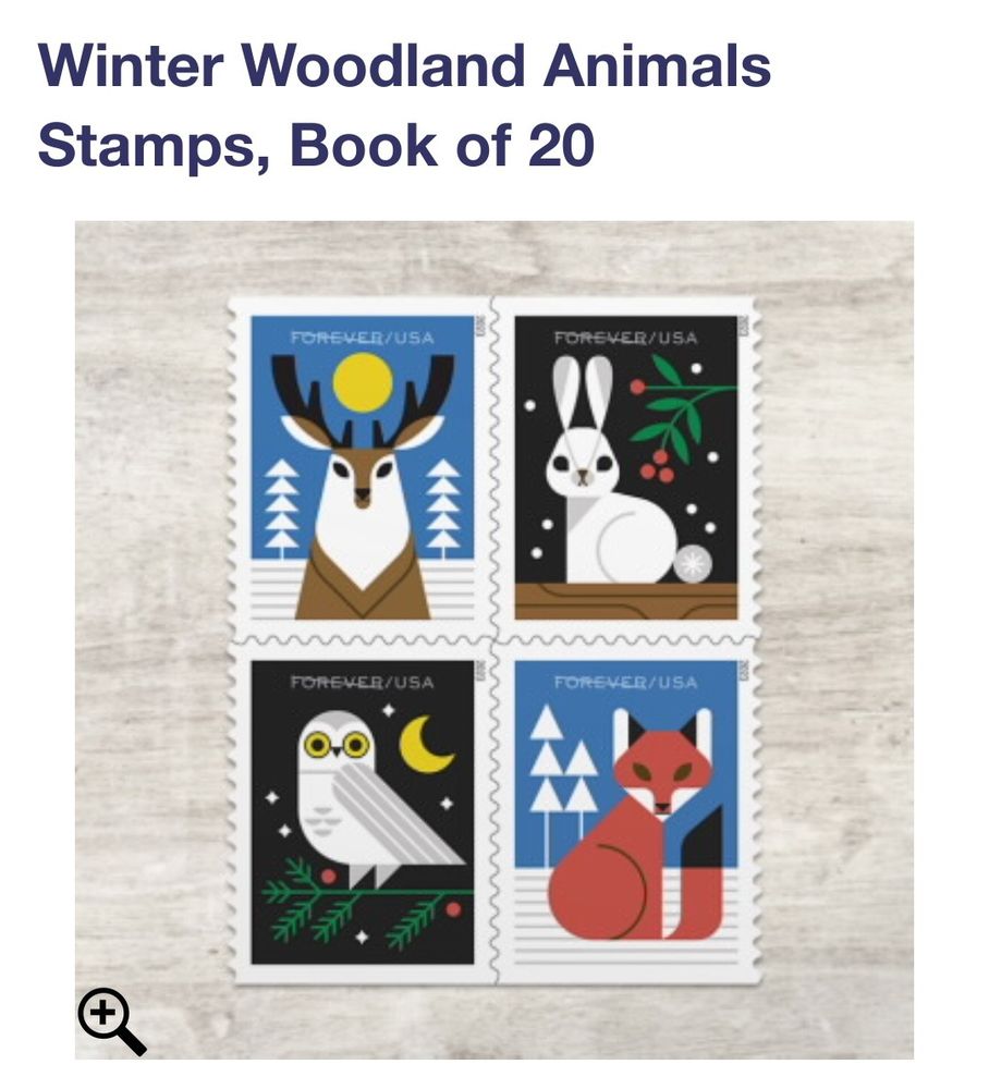 A set of four winner animal stamps featuring a deer, a white rabbit, an owl, and a red fox.