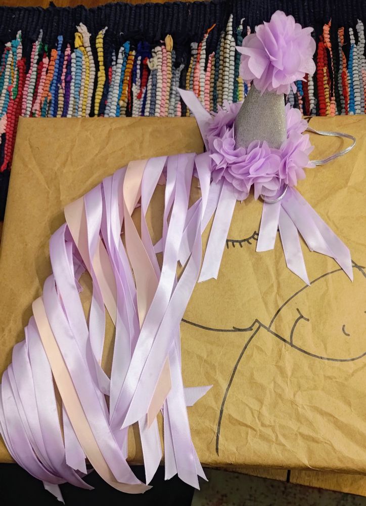 A package is wrapped in brown paper. On the paper is a hand drawn unicorn head sketched in black. Pink and purple ribbons are glued on to look like a name. A birthday hat (conical, silver, with purple faux flowers on the base and point) is placed on top of the package to look like the unicorn is wearing it.