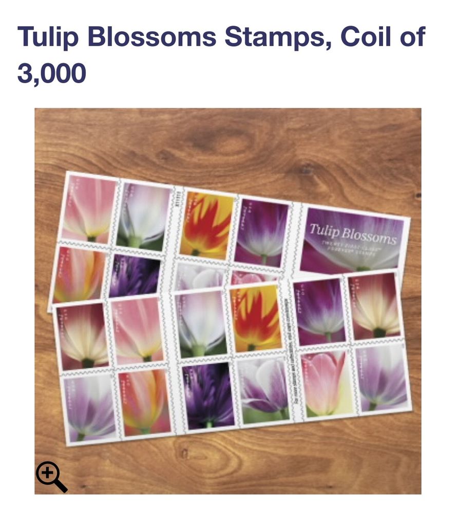 Two sets of 12 stamps featuring close up images of tulips in pink, purple, and yellow tones.