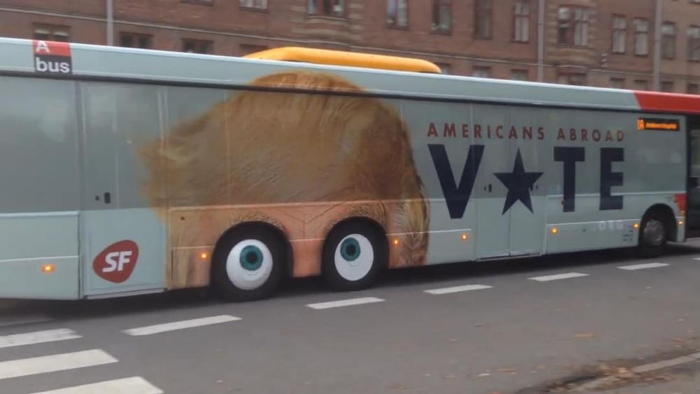 Googly-eyed Donald Trump bus in Denmark reminds expats to vote