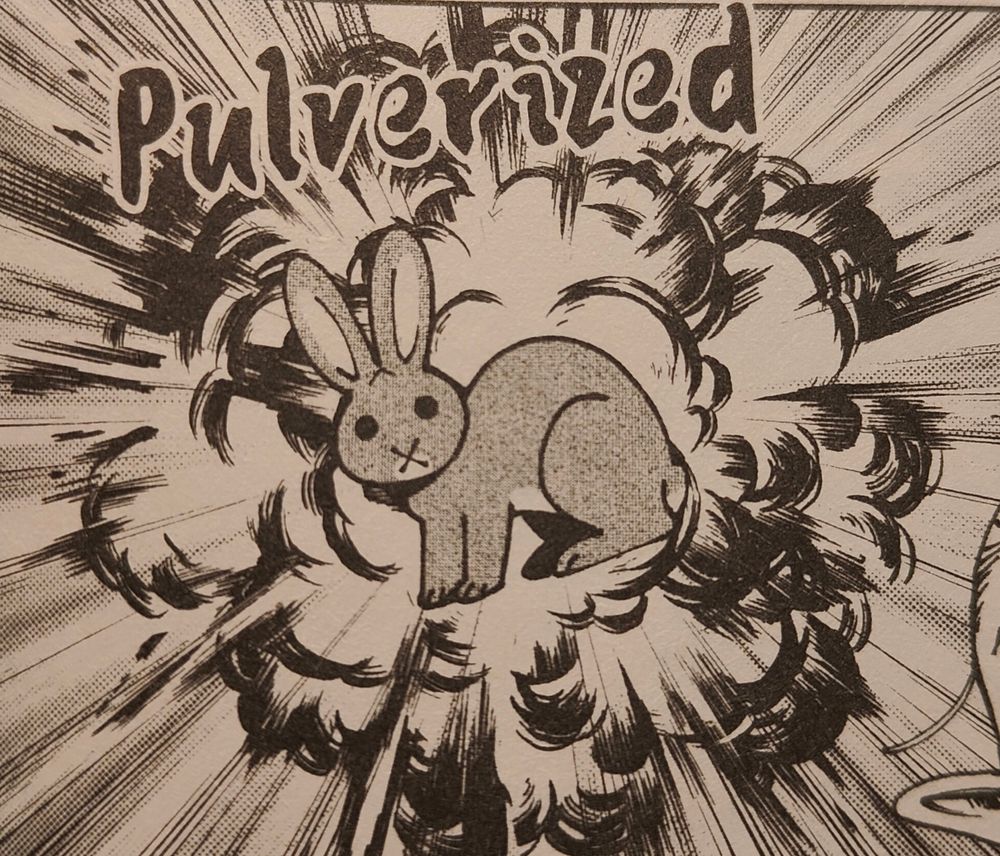 panel from dungeon meshi. it shows a rabbit in front of an explosion, with the word "pulverized" on top.