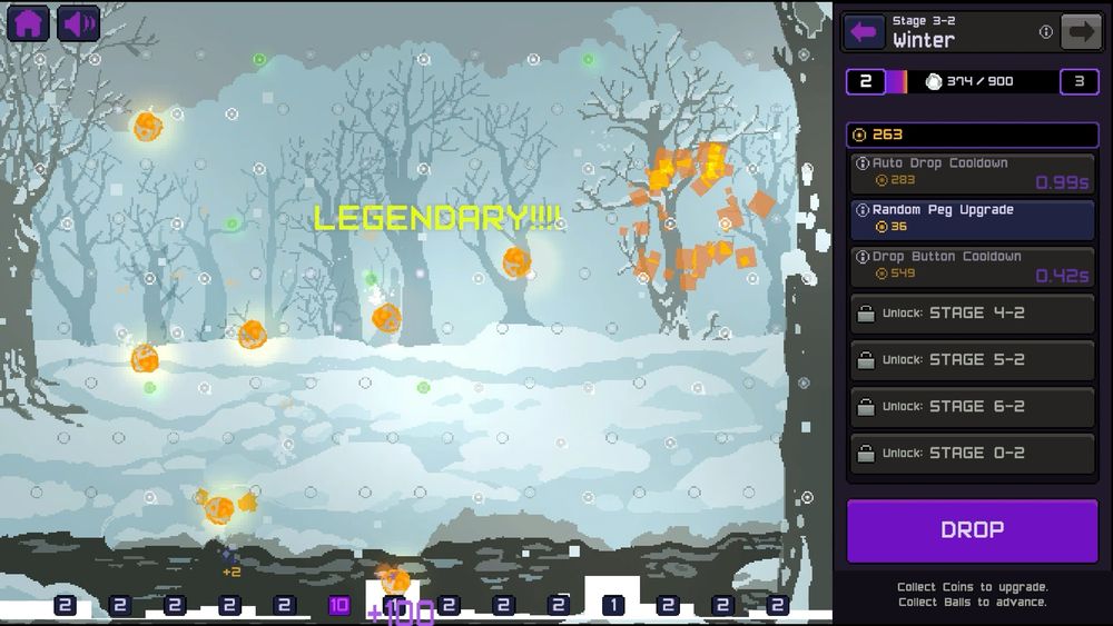 Plinkidle Winter stage, and a rare legendary buff that turns all balls onscreen to gold rarity.