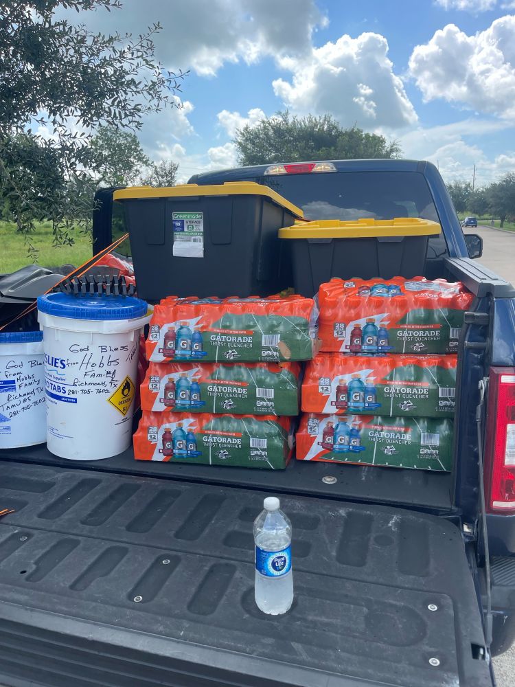 Truck bed filled with donations of equipment and supplies for Central Texas flood victims