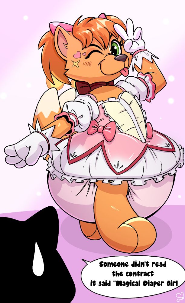 Char dressed up as a magical girl with the cat thing off screen saying "Someone didn't read the contract it said "Magical Diaper Girl"