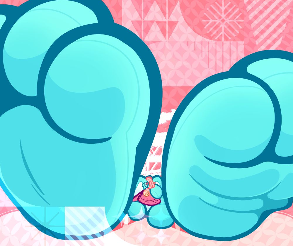 an animate plush rabbit sits as if on the shelf of a toy store and gazes in awe at their own feet, inflated and overstuffed to the height of several stories