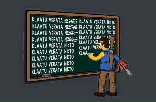 Ash Williams is writing on the chalkboard in Bart Simpson style!