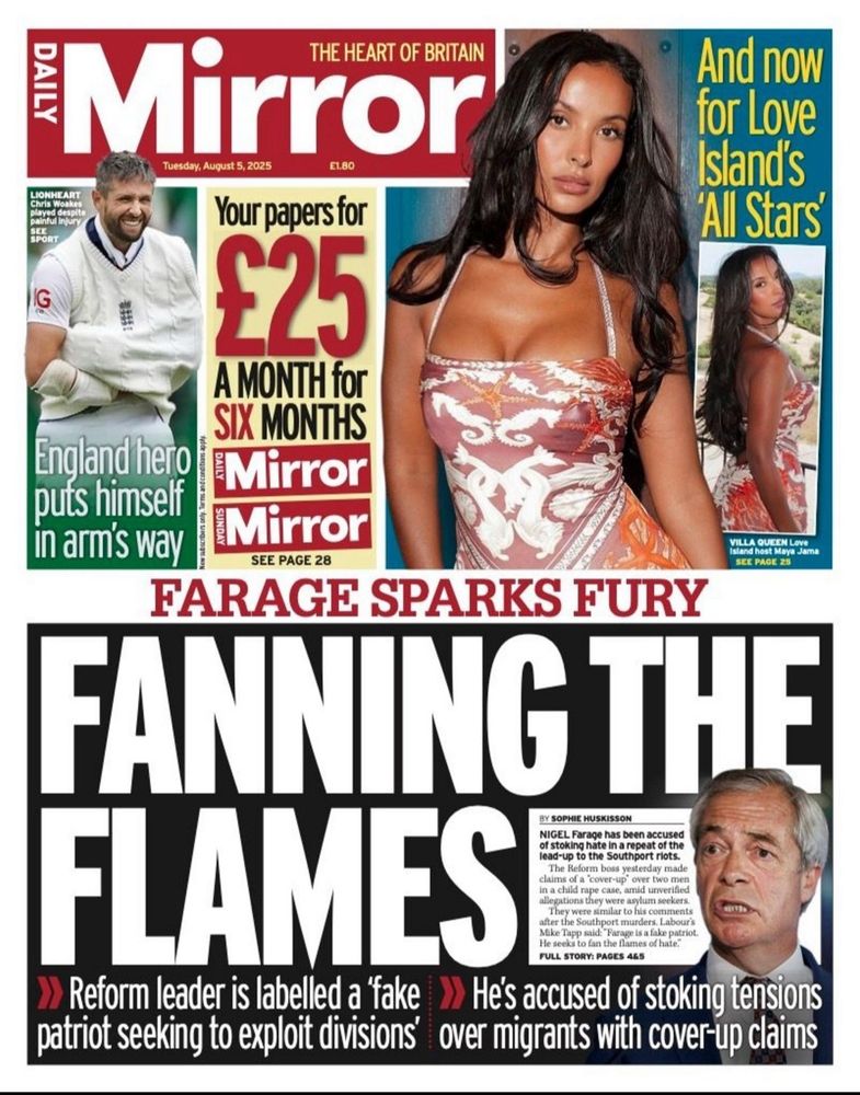 FARAGE SPARKS FURY.
FANNING THE FLAMES. NIGEL Farage has been accused of stoking hate in a repeat of the lead-up to the Southport rlots. The Reform boss yesterdsy made elaims of "cover-up" over TWO men in a child rape case, amid unverifled allegations +they were asylum: seakers They were smilar to his comments after the Southport murders., Labour's Mike Tapp: said: Farage is a fake patriot. He seeks to fan the flames of hate"
Reform leader 's lablled fake. He's accused of stoking tensions patriot seaking to exploit division over migrants with cover tp claims.
