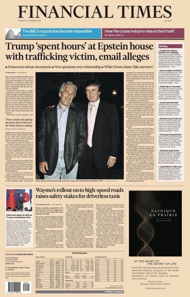 Financial Times - Trump 'spent hours' at Epstein house with trafficking victim, email alleges