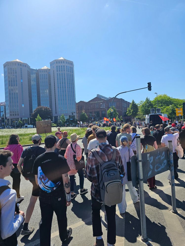 Viele Menschen auf der Straße mit Fahnen und Plakaten in Essen, die für für ein AFD-Verbot demonstrieren 