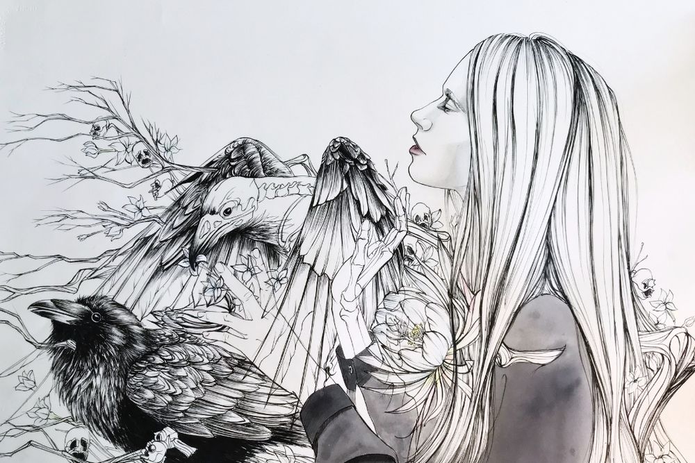 A portrait of a blonde woman with long hair entertaining with night blooming flowers and 2 ravens. Of which on raven is skeletal.