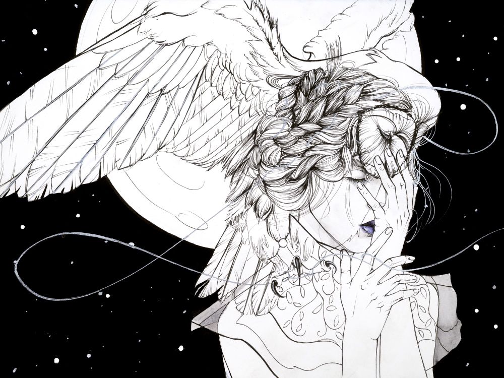 A woman with overlapping owl, merging into one. A thread flows through both. Under a a full moon.