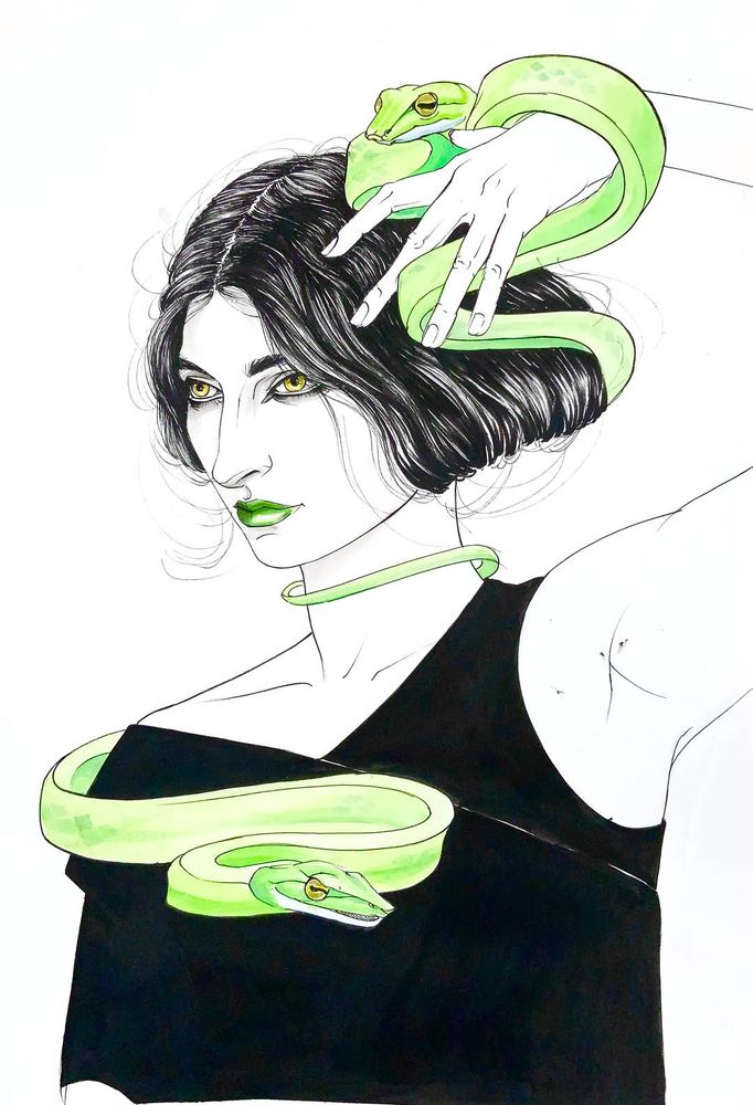 Ink and watercolor drawing of the Year of the Snake. A part of my lunar new year series. A woman looks determined as two vivid green snakes coil around her arm and neck.