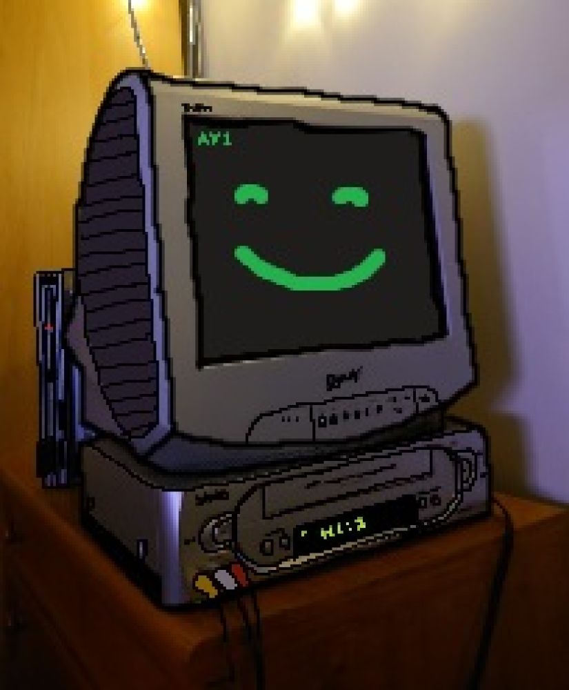 A silver Sony CRT on a silver Sanyo VCR next to a silver PS2 in a stylized, downscaled image with outlines drawn crudely. The CRT is displaying a smiley face, and the display on the VCR says "HI:3"