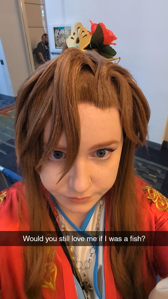 "would you still love me if I was a fish" captioned on a headshot of my Li Yu cosplay 