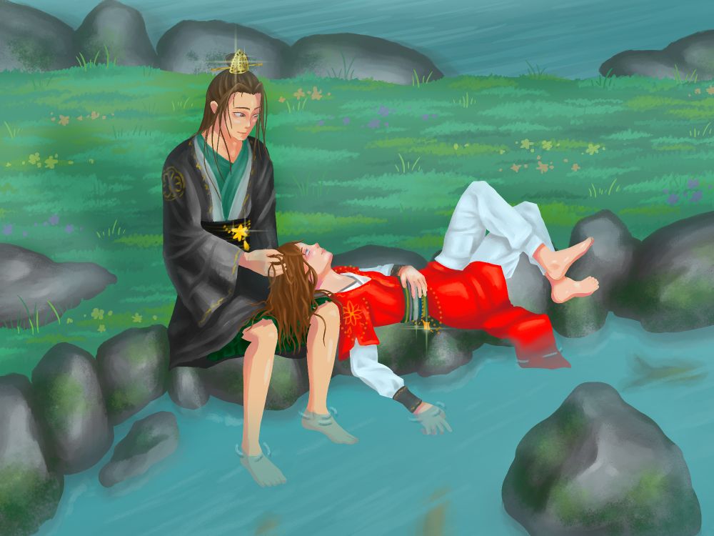 The two main characters of The Disabled Tyrant's Beloved Pet Fish hanging out on rocks banking a koi pond. One character is in dark robes with a hold crown, playing with the other's hair, with his feet in the water. The other is wearing red and white robes and laying with his hand and part of his robes in the water.