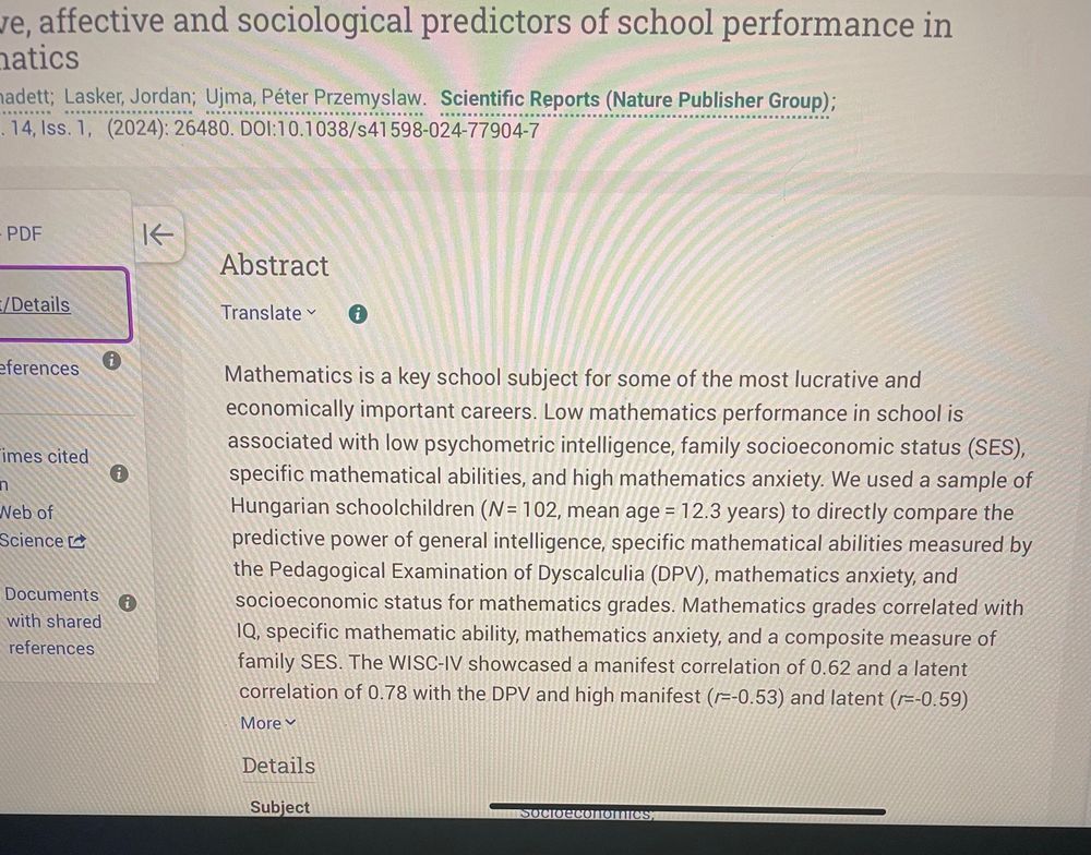 Text of the paper abstract, which in summary, finds math performance is impacted by anxiety, IQ, and socio-economic status. N = 102.