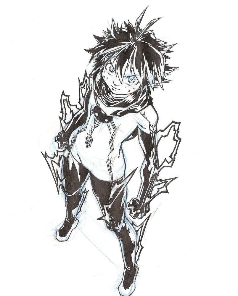Pen and ink drawing of a ladybug-themed superhero from above, with messy black hair and freckles. Her suit features a small black circular plate on the chest adorned with 3 lights, from which traces extend towards her arms and legs, crackling with electricity.