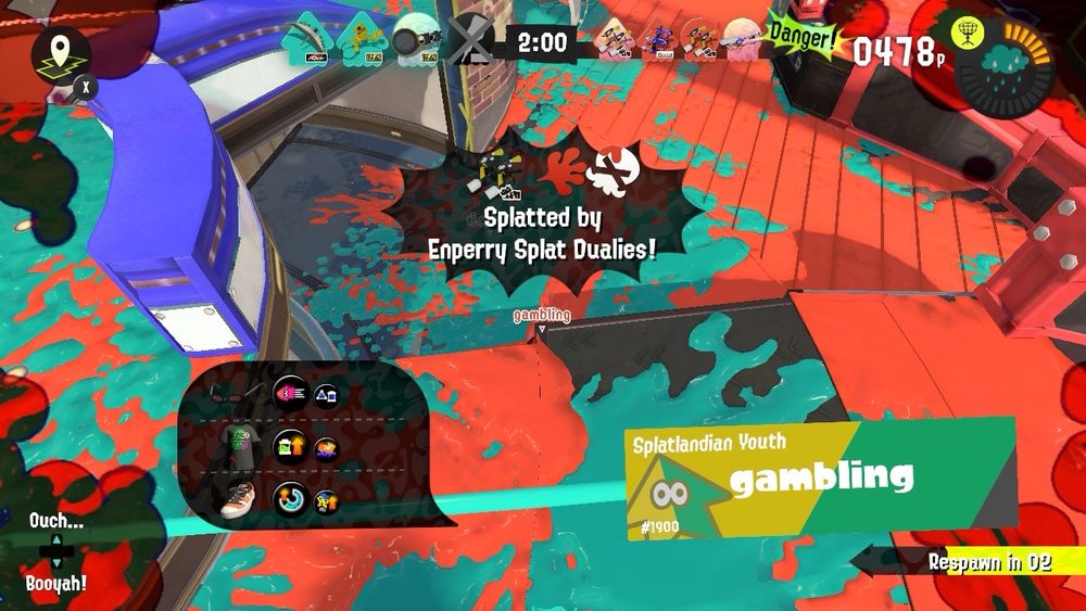 A screenshot on my Nintendo switch of me being killed or splatted by someone named gambling