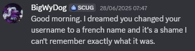Discord message that says "Good morning. I dreamed you changed your username to a french name and it's a shame I can't remember exactly what it was."