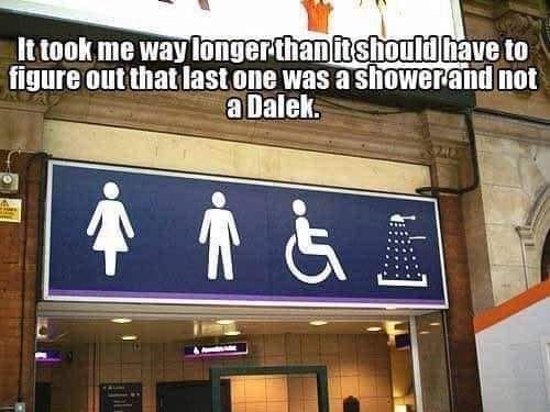 It took me way longer than it should have to figure out that last one was a shower and not a Dalek. Image: Symbols over public facilities: woman man, wheelchair user, shower