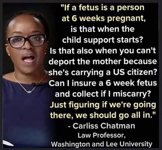 If a fetus is a person at 6 weeks pregnant, is that when the child support starts? Is that also when you can't deport the mother because she's carrying a US citizen? Can I insure a 6 week fetus and collect if I miscarry? Just figuring if we're going there, we should go all in.